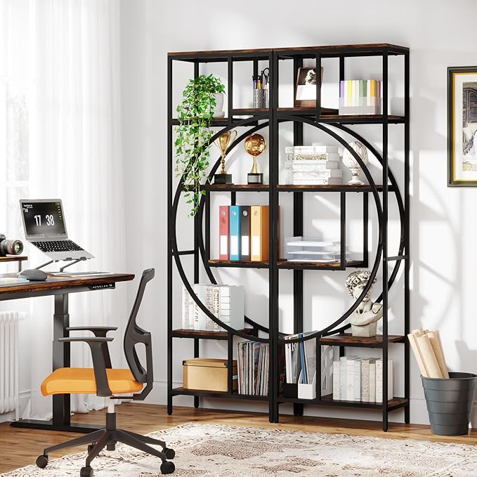 Geometric Bookshelf, 70.9" Tall Bookcase with 7-Shelf Open Shelves, Wood Metal Book Shelf Display Rack Storage Shelving Unit for Office, Bedroom, Living Room, Easy Assembly, Rustic Brown