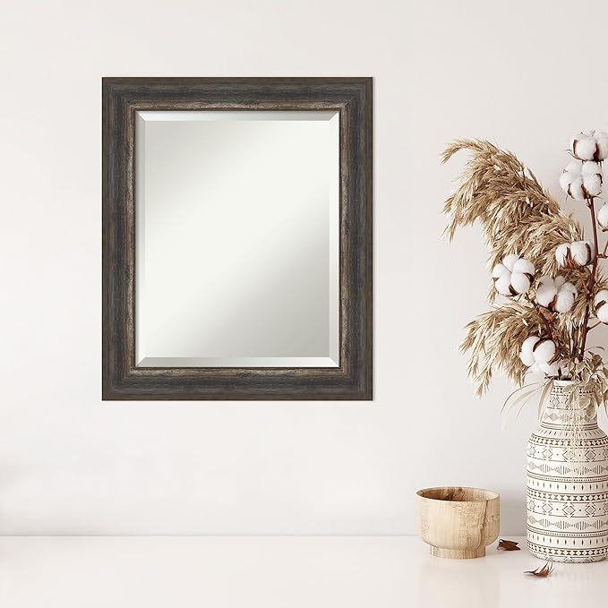 Amanti Art Brown Wall Mirror 25x21 Alta Rustic Char Rectangle Bathroom Mirror for Wall Decor Living Room, Small Rustic Farmhouse Frame, Hangs Horizonally and Vertically, Bathroom Decor, Beveled Edge