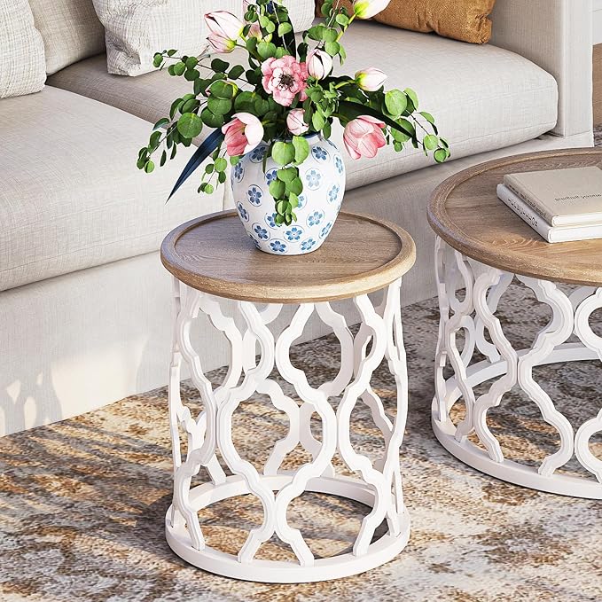 Farmhouse End Table, 18.5'' French Country Round Side Table, Distressed Tray Top Wood Side Table with Curved Motif Frame Base for Boho, End Tables Living Room, Bedroom, Small Space, Easy Assembly