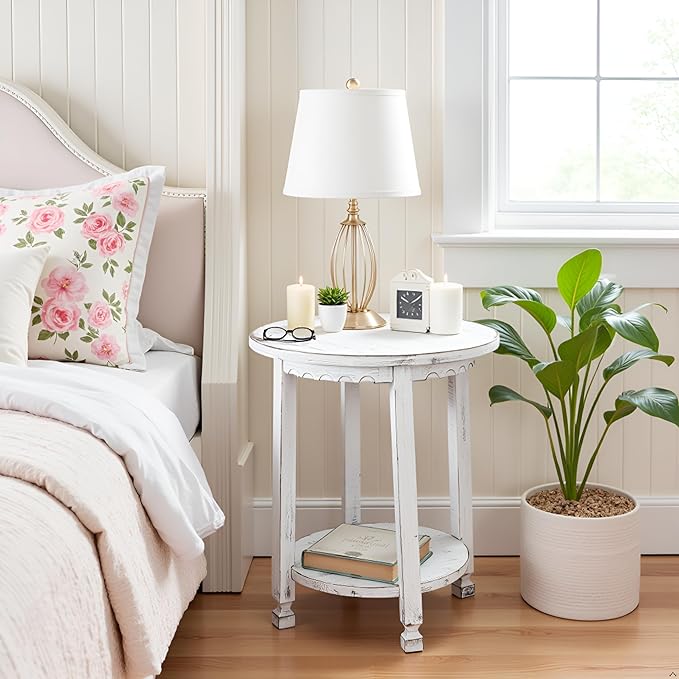 Rustic Cottage Round End Table w/ 1 Shelf, White Antique, 20" x 20" x 24", Farmhouse Style - Unique Accent Piece, Constructed of Select Hardwoods/Composite Wood, End Table w/ Drawer & Shelf
