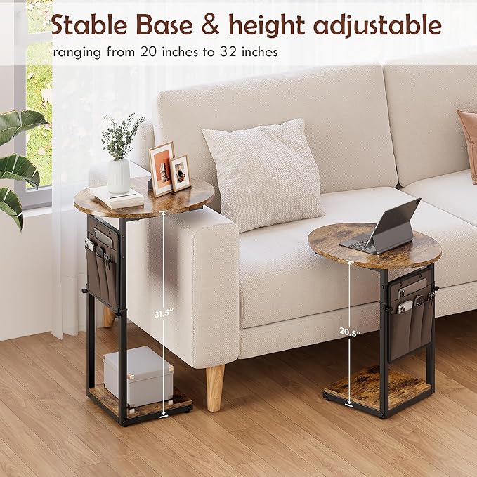 Vagusicc C Shaped End Table, Adjustable Height Small Side Table for Couch and Recliner, 32" Tall Couch Side Table Slide Under Sofa Tray Desk with Storage Bag for Living Room and Bedroom, Brown