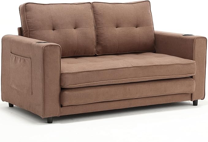 ERYE 3 Fold Tufted Upholstered Futon Sofa Bed Modern Convertible Foldable Floor Loveseat Sofabed with Pull Out Sleeper Couch Daybed W/Cupholders and Pockets for Living Room