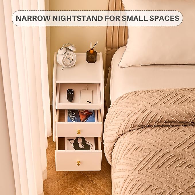 Uniclinens White Narrow Nightstand with Drawers, Small Slim Solid Wood Bedside Table for Bedroom, Modern End/Side for Living Room