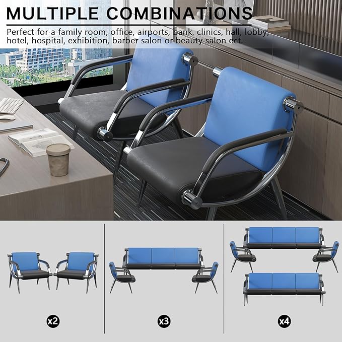 wonline 3 Seat Waiting Room Chair with Armrest PU Leather Office Furniture, Office Guest Seating Lobby Conference Reception Chairs for Airport Clinic Hospital Bank Salon Barber(Blue&Black)