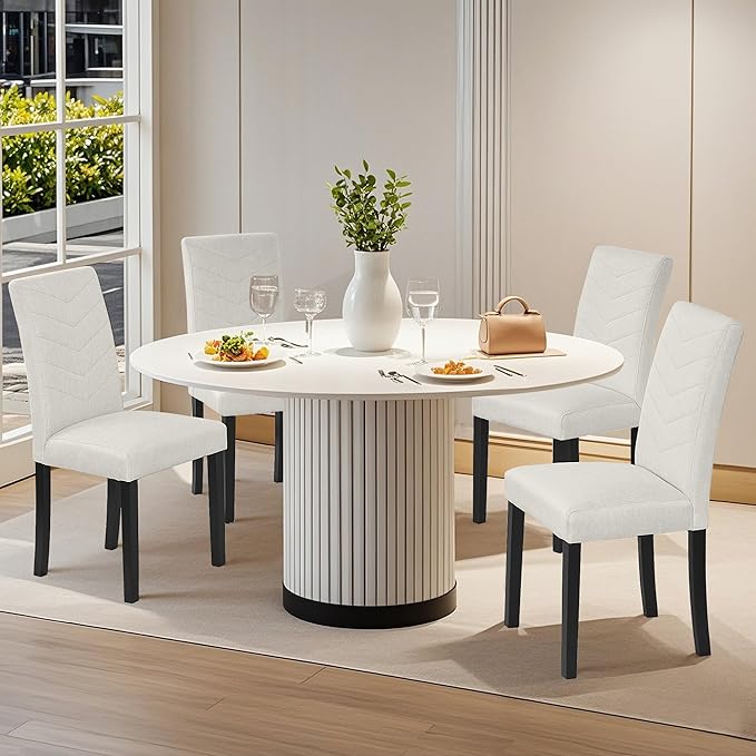 VECELO Upholstered Dining Chairs Set of 6, Fabric Wood Legs High Back for Kitchen Living Room, Beige
