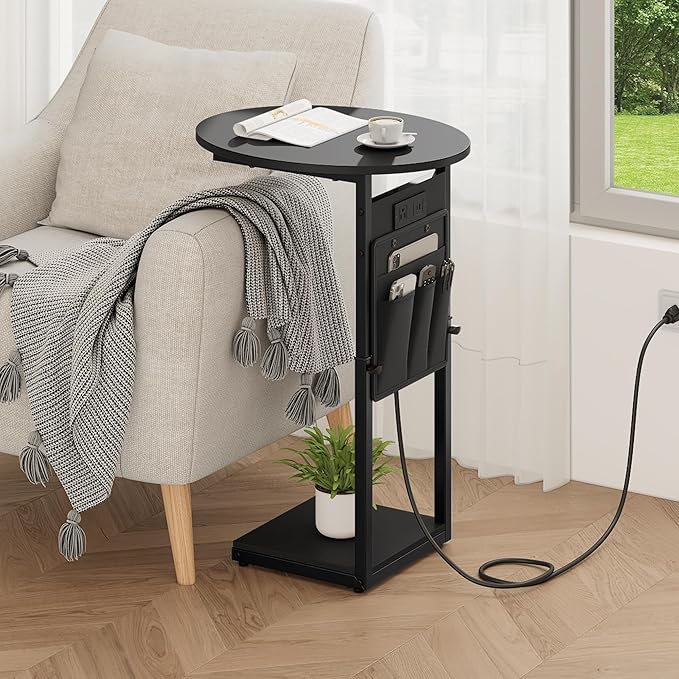 Vagusicc C Shaped End Table with Charging Station, 32" Tall Side Table for Couch and Recliner, Adjustable Height Small Couch Side Table Slide Under Sofa TV Tray Table for Living Room, Bedroom, Black