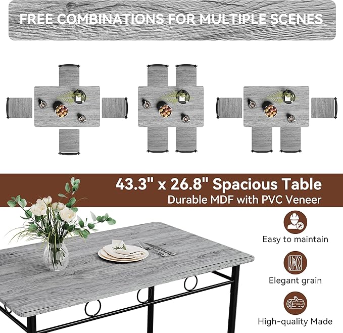 Vipbear Kitchen Dining Table Set for 4, 5-Piece Kitchen Table Set,Dining Room Table Sets,Rectangular Kitchen Table Set with 4 Chairs for Small Space, Dinette,Apartment,Rustic Grey