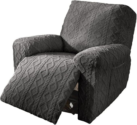 vctops 4 Pieces Geometric Jacquard Plush Recliner Slipcovers Soft Fuzzy Fluffy Sofa Couch Cover Anti-Slip Furniture Protector with Elastic Bottom for Kids Cats Dogs(Dark Grey,1 Seat)