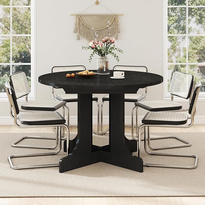 43"-59" Expandable Round Dining Table, Extendable Dining Room Table for 4-6, Oval Tabletop with Removable Leaf, Trestle X-Shaped Base & Metal Track for Dining Room, Living Room-Black