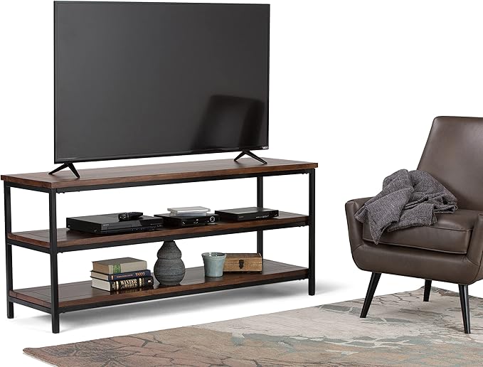 SIMPLIHOME Skyler SOLID MANGO WOOD 60 inch Wide Industrial TV Media Stand in Dark Cognac Brown For TVs up to 65 inches for the Living Room and Entertainment Center