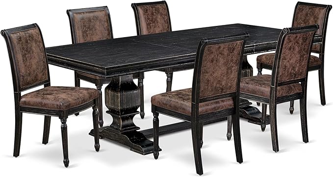 LKCY7-SBB-33 7-Piece Kitchen Table Set Consists of a Dining Table and 6 Brown Textured Polyester Fabric Dining Chairs with High Back - Sand Blasting Black Finish