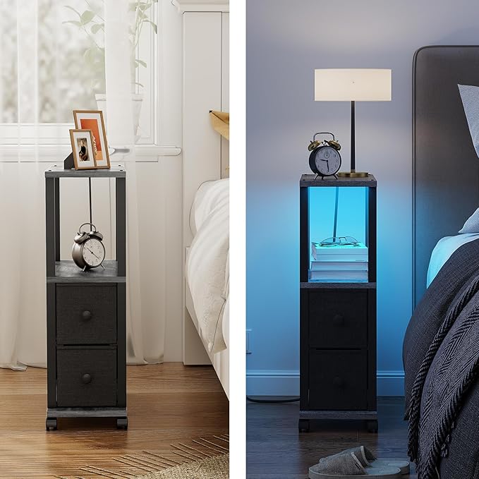 TUTOTAK Small Narrow End Tables, LED Side Tables with 2 Fabric Drawers, Set of 2, Bedside Tables with Charging Station for Small Spaces, Slim Nightstands with USB Ports and Wheels, TB01BY053L