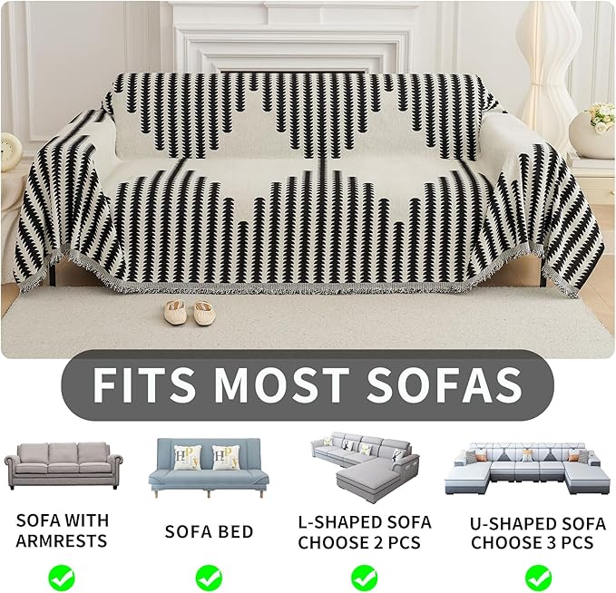 HAOMAIJIA Boho Sofa Covers Couch Covers for 3 Cushion Couch Sofa Pet Friendly Soft Thick Couch Cover for Dogs Washable Sectional Couch Covers L Shape Furniture Protector (Black, 91"x118")