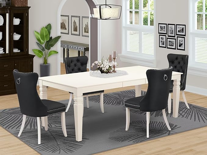 East West Furniture LGDA5-LWH-12 5 Piece Dinette Set Contains a Rectangle Kitchen Table with Butterfly Leaf and 4 Polyester Fabric Upholstered Chairs, Linen White
