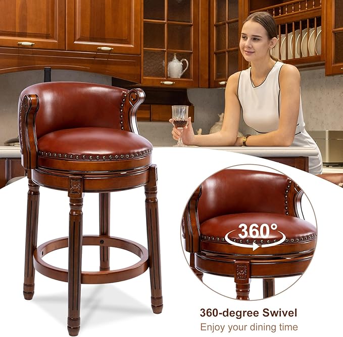 CozyRain Bar Stools Rubber Wood Counter Height Bar Stool Leather Upholstered Swivel Barstools with Back & Footrest for Home,Kitchen,Counter,Dining Room (Brown, Seat Height 26 in)