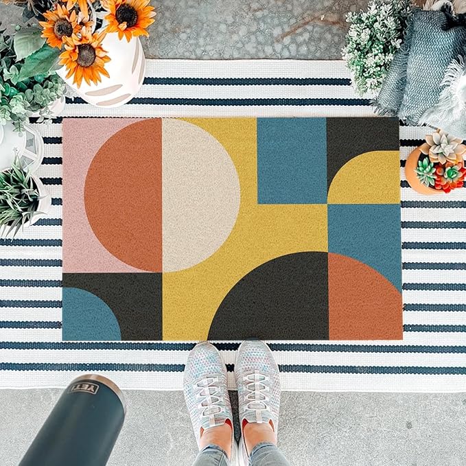 Funny Coir Doormat Simple Modern Abstract Geometric Front Door Mat Entryway Outdoor Mat with Heavy Duty Front Porch Welcome Mats Entry Natural Coconut Brown Mat Novelty Gift Doormat 23.7 x 15.7 inch