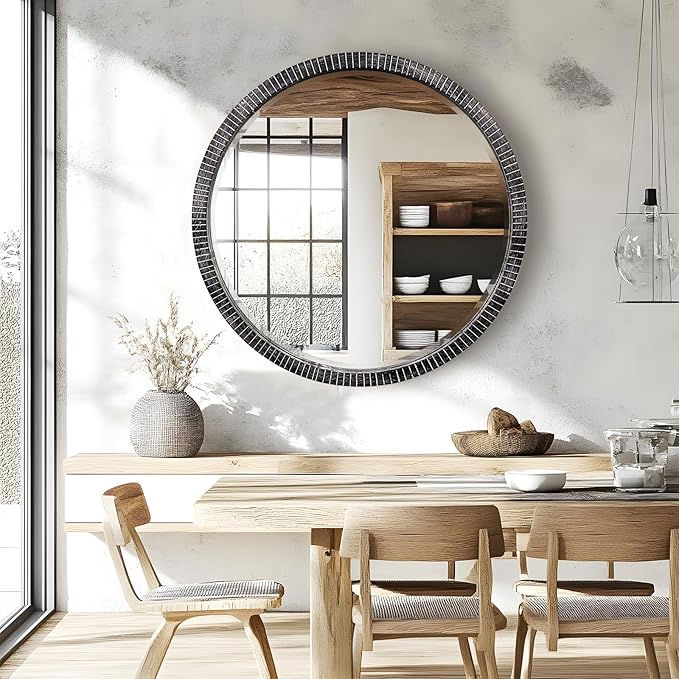35" Round Wood Mirror, Rustic Circle Wall Mirror with Beveled, Wooden Round Mirror for Wall Decor, Decorative Wall-Mounted Mirror for Entryway, Living Room, Washed Black Frame