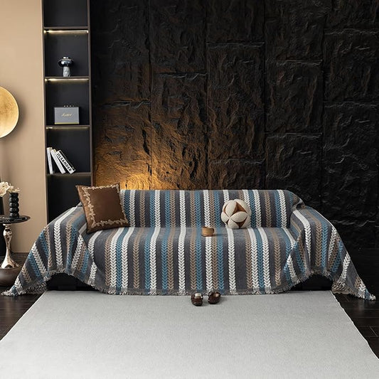 STACYPIK Boho Jacquard Leaves Sofa Cover, Blue Geometric Couch Cover for Dog, Washable Furniture Protector for 3 Cushion Couch, Non Slip Sectional Cover for Loveseat, L Shape Sofa Slipcovers-71X150IN