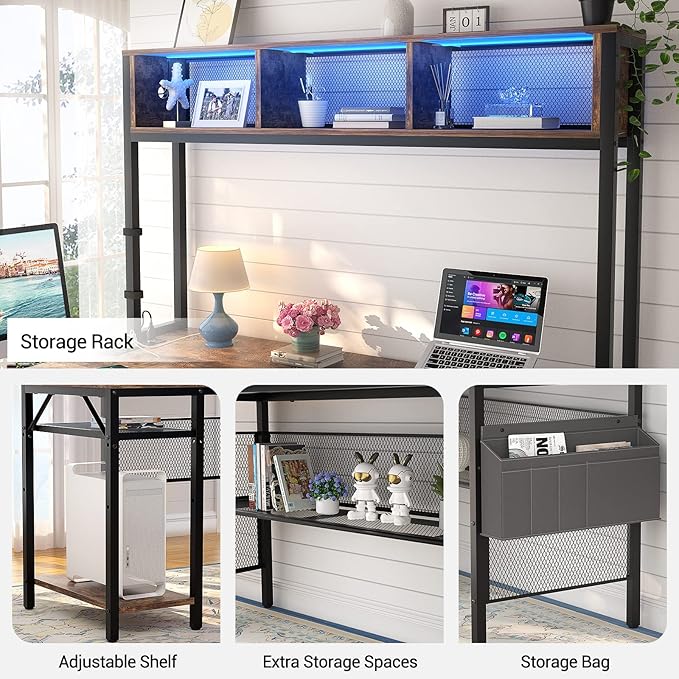 Unikito L Shaped Computer Desk with LED Strip and Power Outlets, Reversible L-Shaped Corner Desk with Storage Shelves and Bag, Rustic Brown