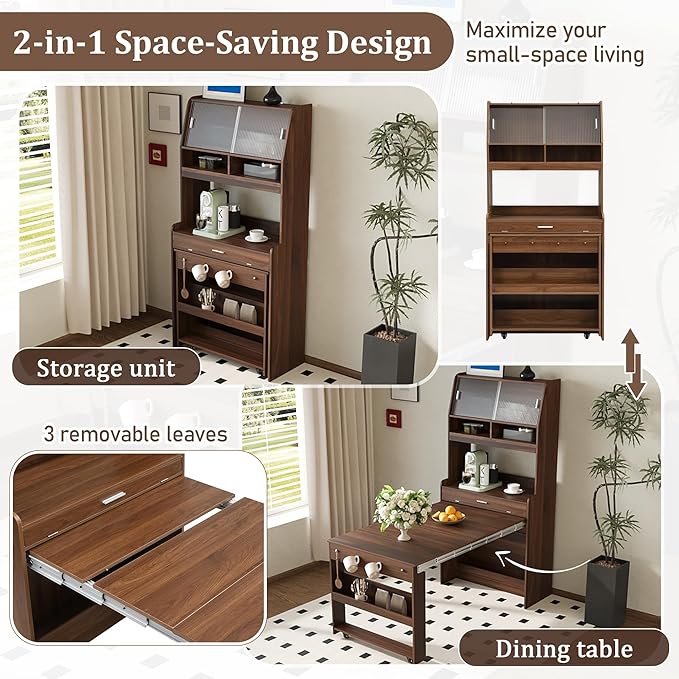 Merax Sideboard Buffet Cabinet with Foldable Dining Table, Multifunctional Cupboard with Storage Shelf and Hooks, for Small Places,Studio, Apartment