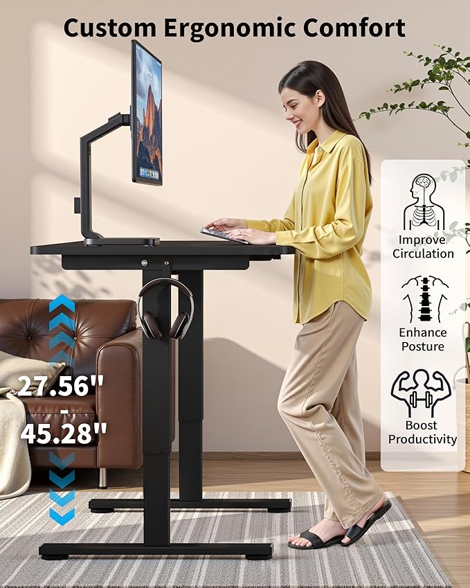 Okin Small Electric Standing Desk, 36" x 24" Whole Piece Height Adjustable Desk, Black Sit to Stand Desks Computer Workstation with Wheels for Home Office