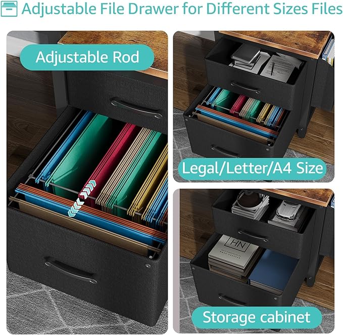Lufeiya Computer Desk with Fabric File Drawers Cabinet, 57 Inch Home Office Desks with Filing Cabinet Printer Stand for Small Space, Study Writing Table PC Gaming Desks for Bedroom, Brown Black
