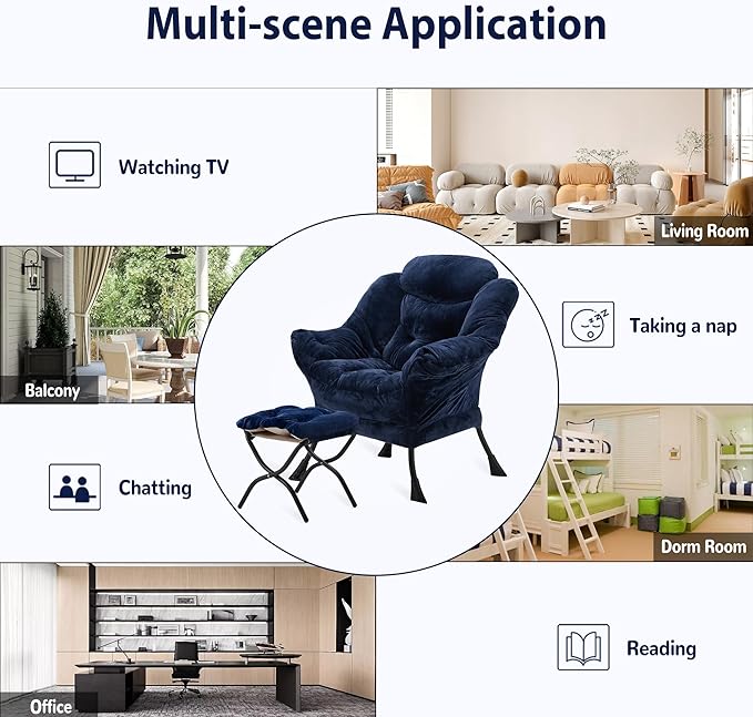 Lazy Chair with Folding Ottoman, Accent Chair Plush Upholstered with Metal Structure and Non-Slip Pads, Sofa Armchair with Footrest and Side Storage Bag for Dorm, Room, Office, Navy Blue