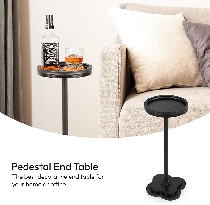 Modern Accent Pedestal Side End Table for Small Spaces – Pedestal End Table with Solid Metal Leg and Weighted Clover Base for Living Room, Sofa Couch, Bedroom and Office (Black)