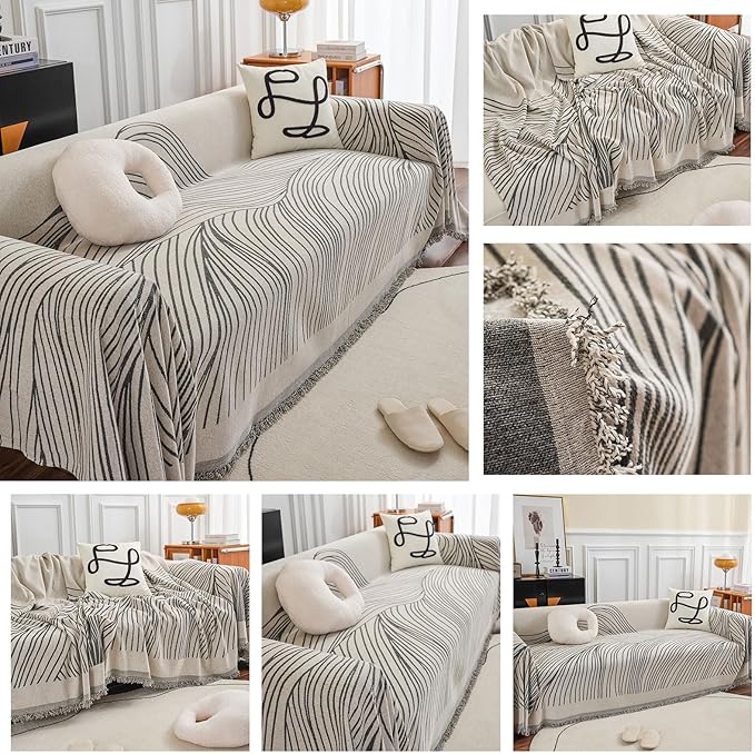 STACYPIK Stylish Striped Sofa Cover for Dogs,Non Slip Couch Protector for 3 Cushion Sofa, Pet-Friendly Couch Covers for Loveseat, Washable Boho Jacquard Couch Cover Blanket for Living Room-71X134IN