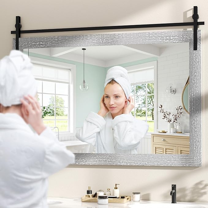 Hasipu Farmhouse Bathroom Mirror, 48"x32" Rustic Wood Framed Wall Mounted Mirror, Gray Vintage Vanity Mirror Barn Door Style Decrative Mirrors