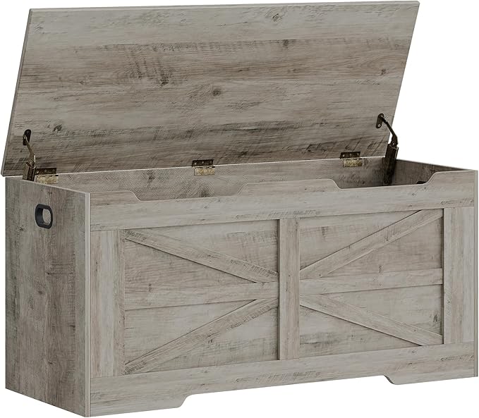 39.4" Storage Chest, Extra Large Storage Trunk with 2 Safety Hinges, Wooden Box Bench, Lift-Top Organizer Chest, Shoe Bench for Entryway, Bedroom, Living Room, Greige SB03405X