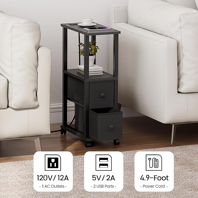 TUTOTAK Small Narrow End Tables, Side Tables with 2 Fabric Drawers, Set of 2, Bedside Tables with Charging Station for Small Spaces, Slim Nightstands with USB Ports and Wheels, TB01BK053