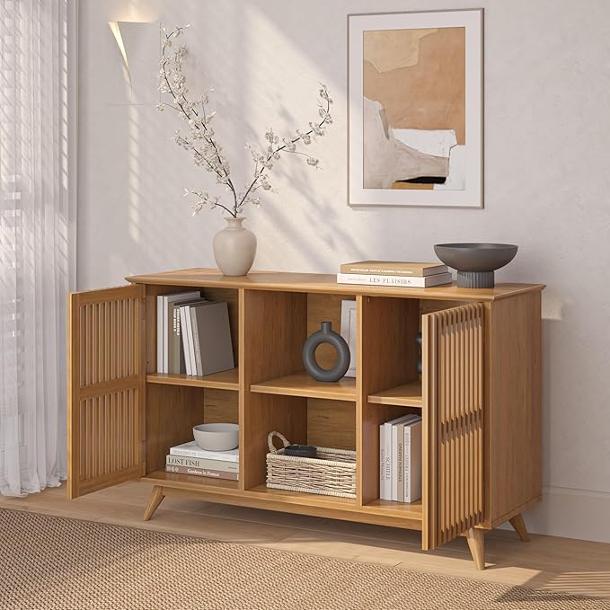 Plank+Beam Mid-Century Modern Wood TV Stand, Solid Wood Entertainment Console with Storage, 49" L x 16" W x 30" H, Pecan