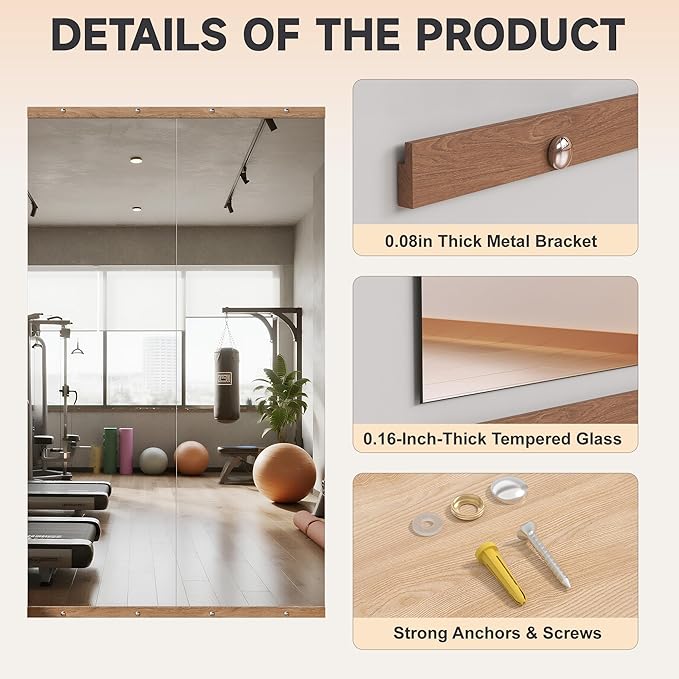 Hasipu 2Pcs 55''x20'' Home Gym Mirror Large Full Length Wall Mounted Full Body Mirror for Yoga Dance Fitness Exercise Studio Bedroom Garage, Frameless Tempered Glass Workout Mirrors Walnut Rectangular