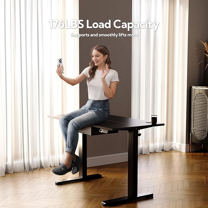 Seang Standing Desk with Drawer, 48" x 24" Height Adjustable Stand Up Desk, 3 Memory Height Settings with Cable Grommets & Storage Hooks, Ideal for Home & Office, Black