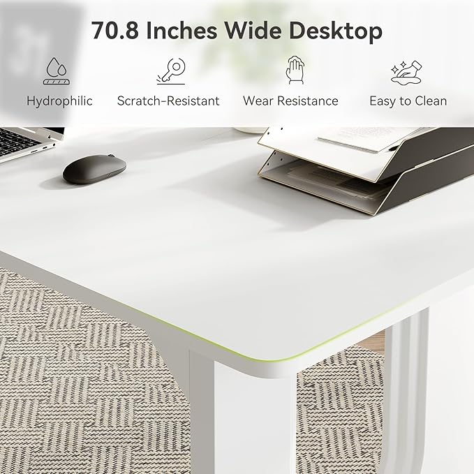 LITTLE TREE 70.8-Inch Home Office Desk, White Computer Desk with Storage, Study Writing Work Desk for Home Office, Spacious Modern Simple Desk,White