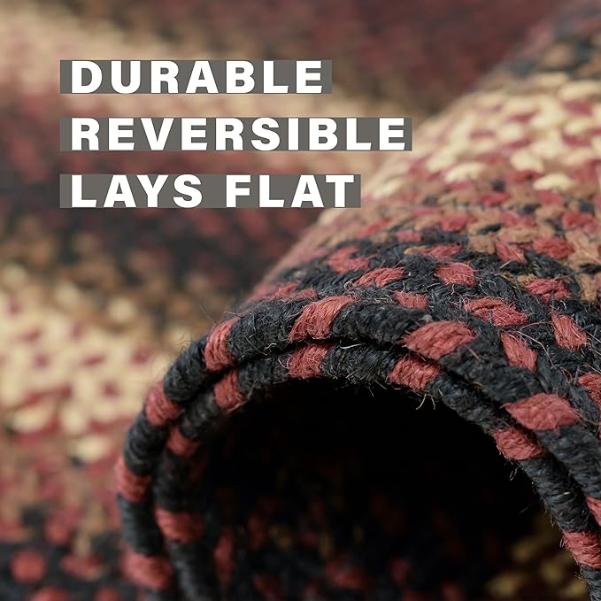Prescott Jute Braided Rugs 20x30 - Primitive Black and Burgundy Rug for Entryway, Kitchen and Bathroom