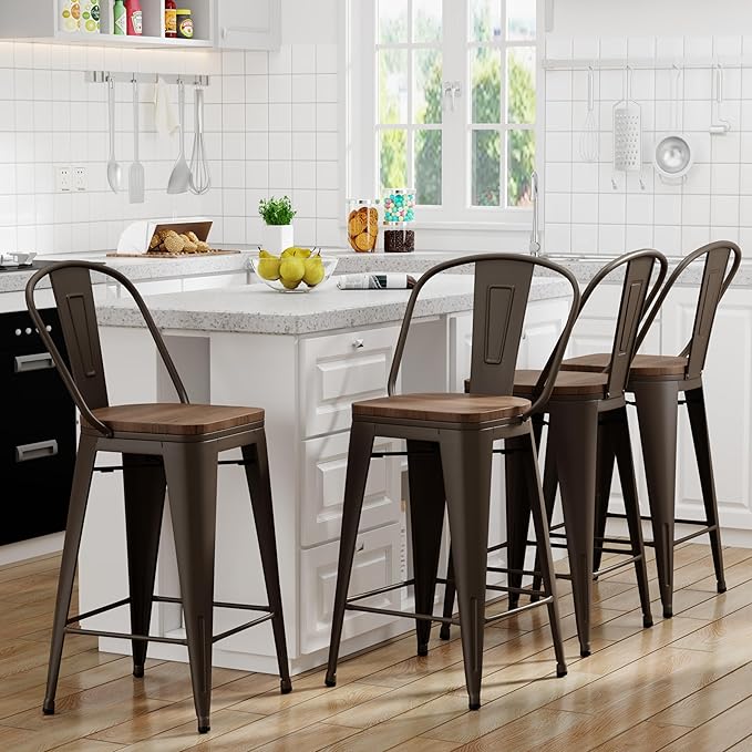 Yongqiang 26 inch Bar Stools Set of 4 Kitchen Counter Height Bar Chairs High Back Metal Barstools with Large Wooden Seat Industrial Rusty