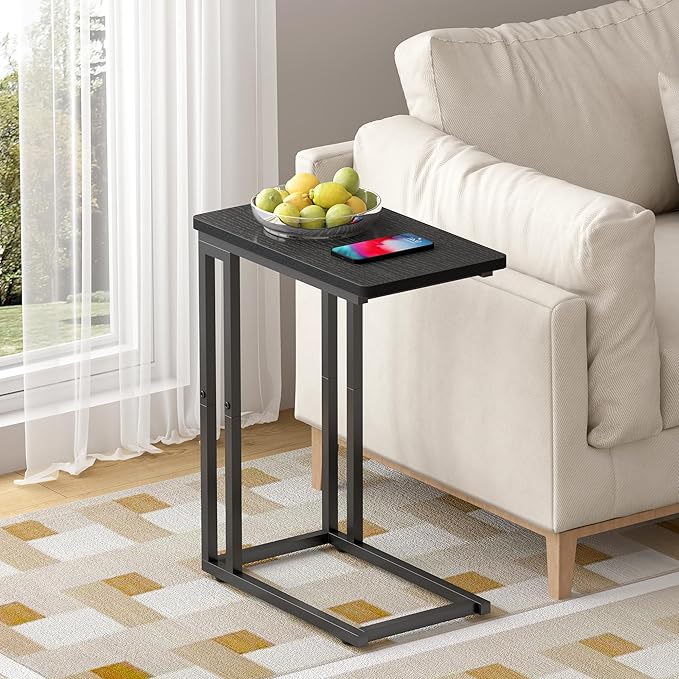 Yusong C Shaped End Table - Slide Under Sofa Couch Bed, Small Table for Small Spaces, Skinny Overbed, Coffee Drink Snack Table for Living Room, Black Oak