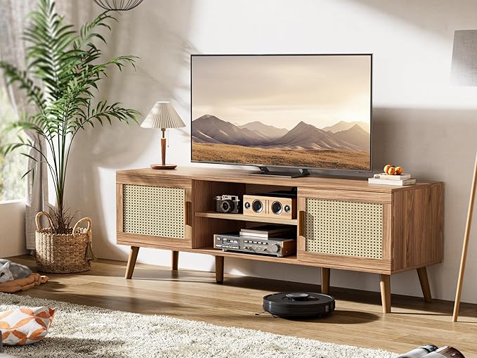 SUPERJARE Boho TV Stand for 65 Inch TV, Entertainment Center with Adjustable Shelf, Rattan TV Console with 2 Cabinets, Media Console, Solid Wood Feet, 4 Cord Holes, for Living Room, Walnut