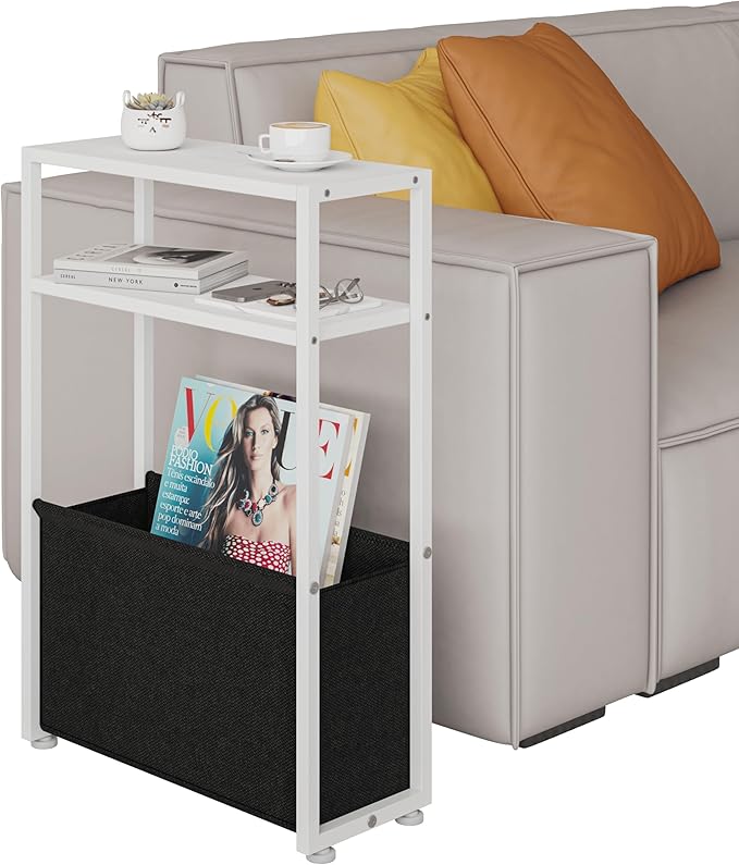 Narrow Side Table, Slim End Tables with Fabric Basket, Skinny Table for Small Spaces, Thin Bedside Table for Living Room, Bedroom, White, ZBZ01