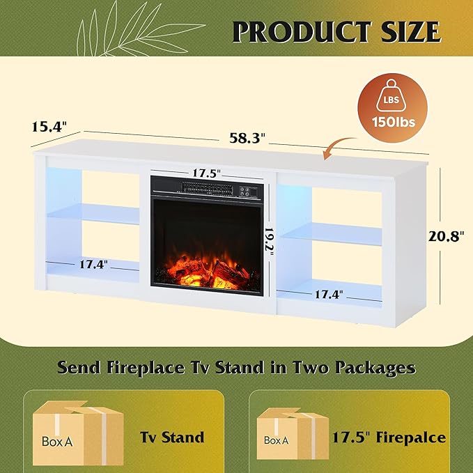 WLIVE 58 Inches Fireplace TV Stand with LED Lights, Modern Entertainment Center with 18'' Electric Fireplace & Adjustable Glass Shelves, Sturdy Media Console for Living Room, Bedroom,Gaming (White)