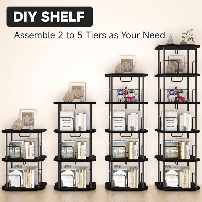 5-Tier Rotating Book Shelf, 360° Display Spinning Bookshelf Tower, Book Organizer, Floor Standing Bookcases for Small Space, Corner Book Shelf for Bedroom, Living Room, Study Room (Black)