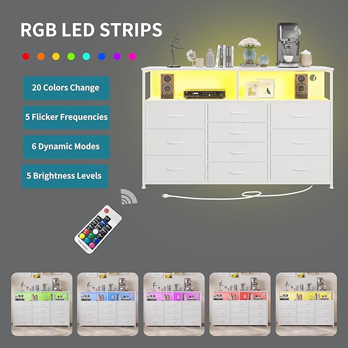 55W 10-Drawers Dresser with 2 Open Storage Shelves, TV Stand Dresser for 55,65 inch TV，with Power Outlets and LED Lights, Fabric Dressers Drawers for Bedroom, Living Room (White)