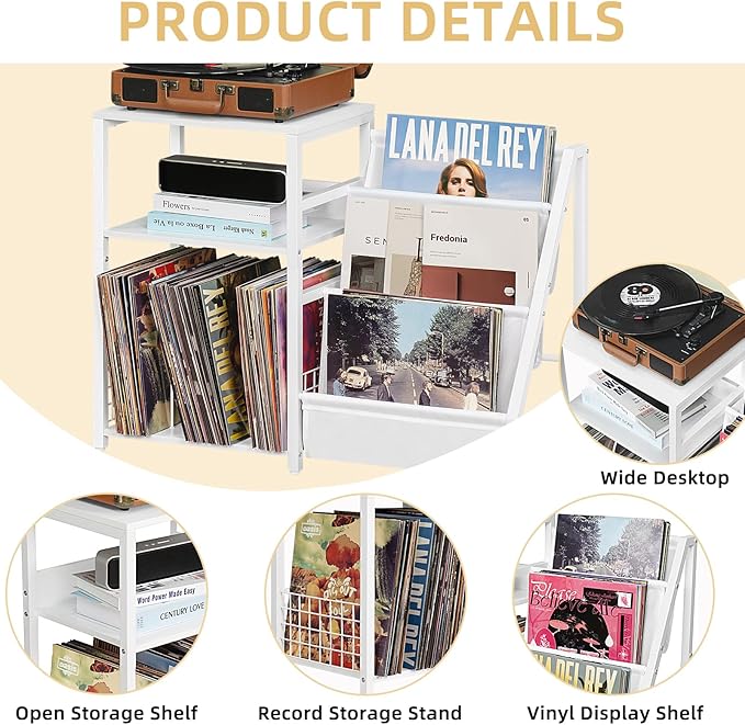 LELELINKY Record Player Table,Turntable Shelf with Vinyl Storage Up to 180 Albums,White Side Table with 3 Tier Magazine Periodical Book Rack,Wide Metal Record Holder Cabinet for Office, Music Room