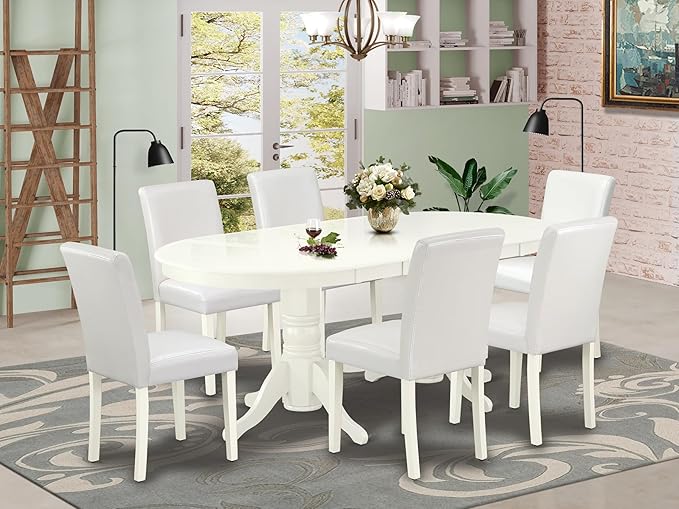 East West Furniture VAAB7-LWH-64 7 Piece Dinette Set Consist of an Oval Dining Room Table with Butterfly Leaf and 6 White Faux Leather Upholstered Chairs, 40x76 Inch, Linen White