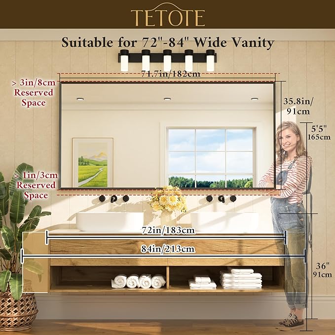 TETOTE Brushed Nickel Vanity Mirror for Bathroom 72" x 36" Beveled Frame Rectangle Bathroom Mirror for Over Sink Brushed Nickel, Tempered Glass, Stronger Frame, Modern Farmhouse Bedroom, Entryway