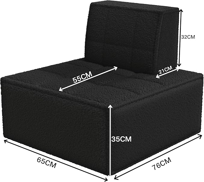 Modular Sherpa Sofa Chair, Cozy Floor Lounge Seating, No Armrests, Small Sofa for Small Spaces, Reading Nook, or Apartment Living, Single, Black