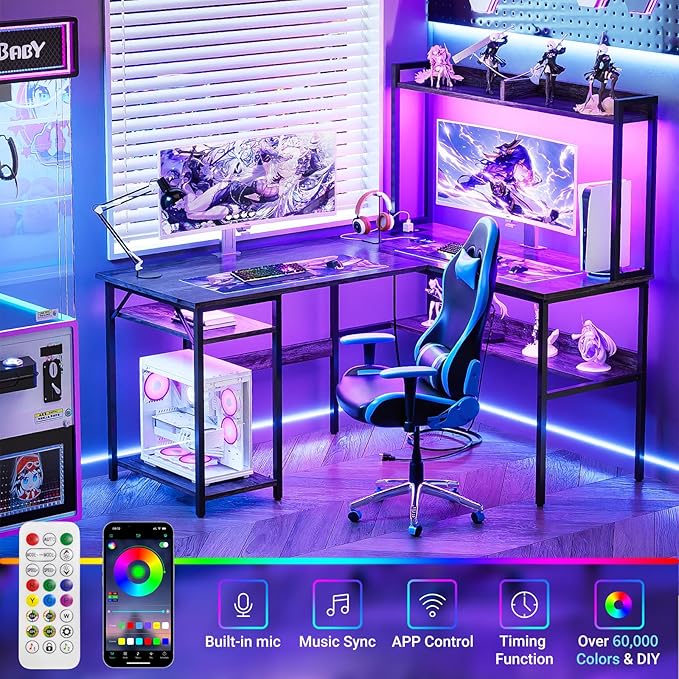 L Shaped Computer Desk with Hutch and Storage Shelves, Gaming Desk with LED Lights, Reversible L-Shaped Desk with Power Outlets, Home Office Desk, Corner Desk, Black Oak
