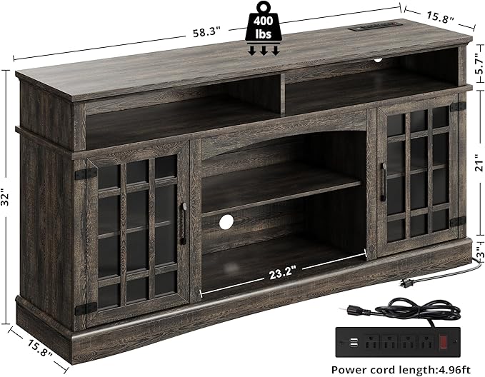 IRONCK Farmhouse TV Stand for 65 Inch TV, 32“Tall Entertainment Center with Power Outlets, Rustic TV Cabinet with Glass Door Media Console, TV Console for Living Room,Dark Rustic Oak